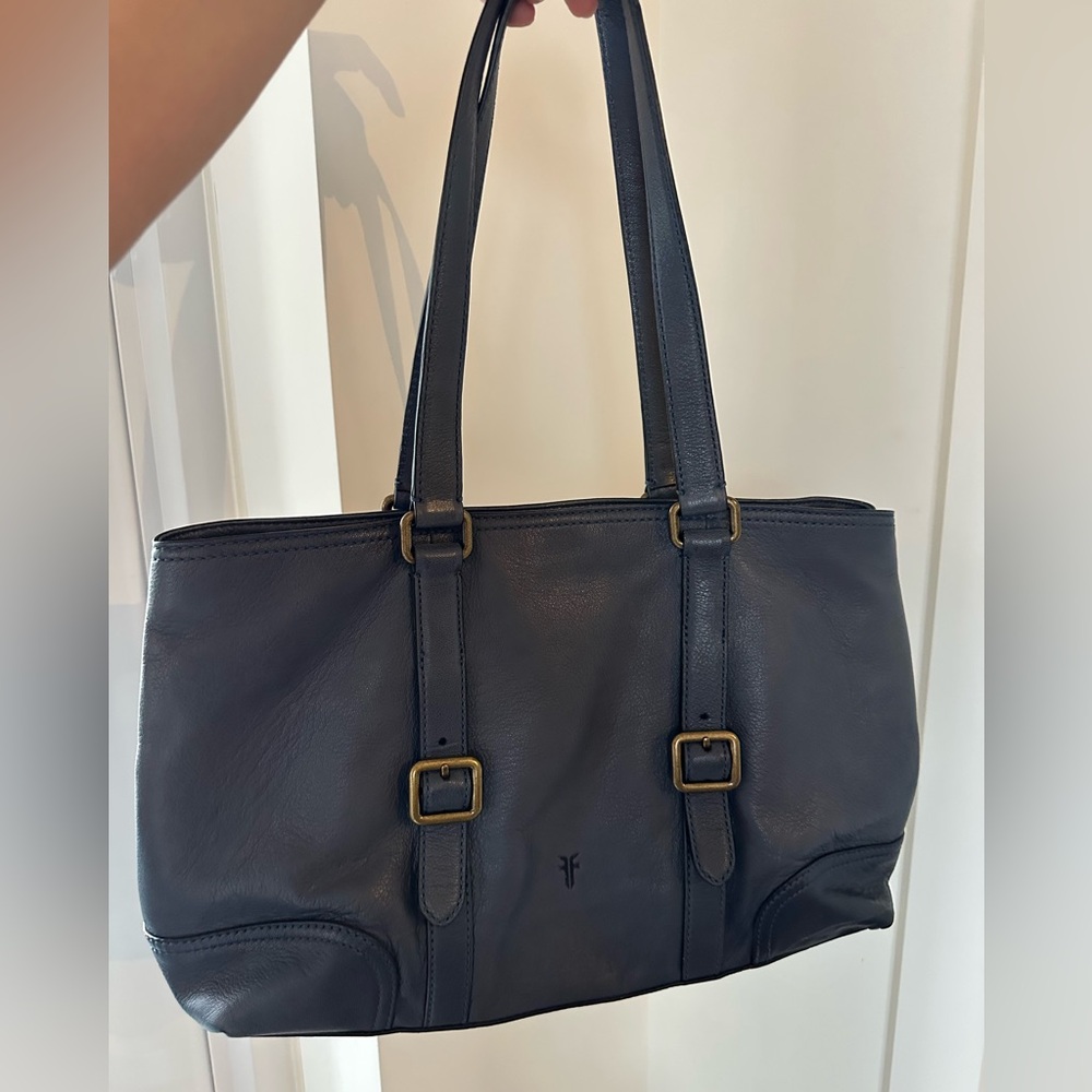 Frye Authentic Leather Blue Shoulder Tote with Brass Buckles
